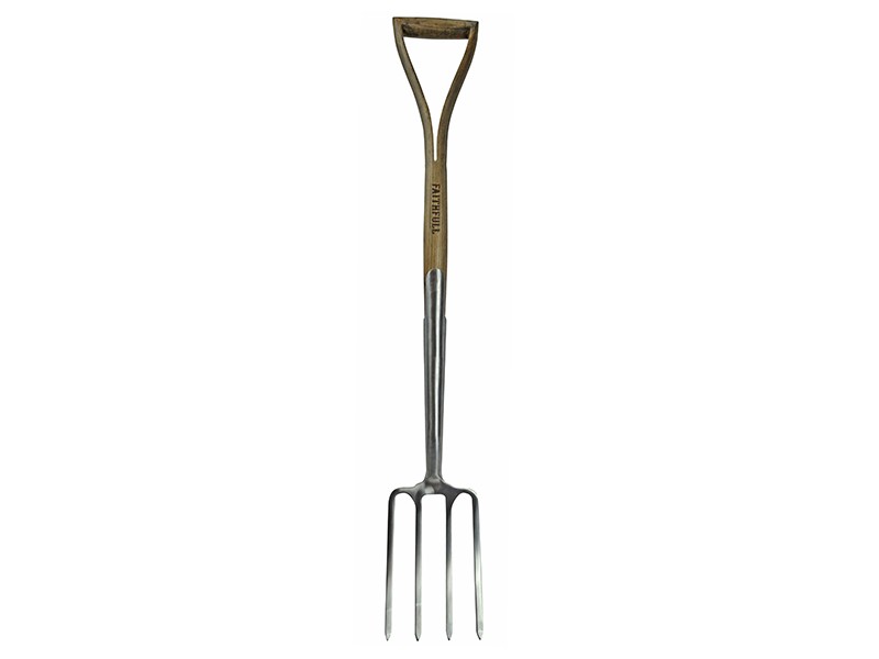A Faithfull garden fork with four hardened steel tines and a wooden handle, for breaking up soil and lifting root vegetables.