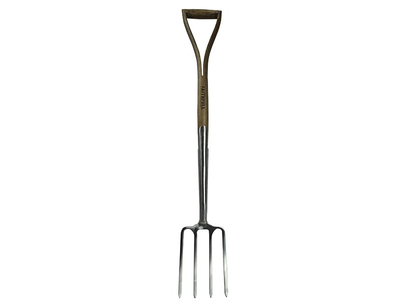 A Faithfull garden fork with four hardened steel tines and a wooden handle, for breaking up soil and lifting root vegetables.