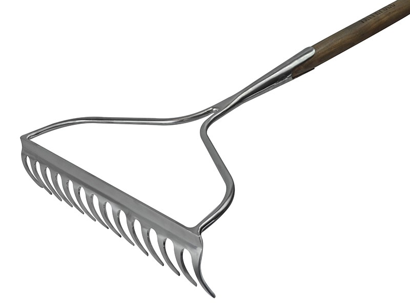 A Faithfull garden rake with multiple hardened steel tines and a long wooden handle, for levelling soil and clearing debris.