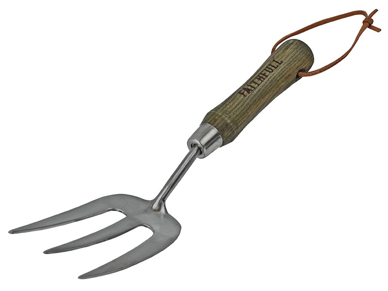 A Faithfull garden fork with four hardened steel tines and a wooden handle, for breaking up soil and lifting root vegetables.