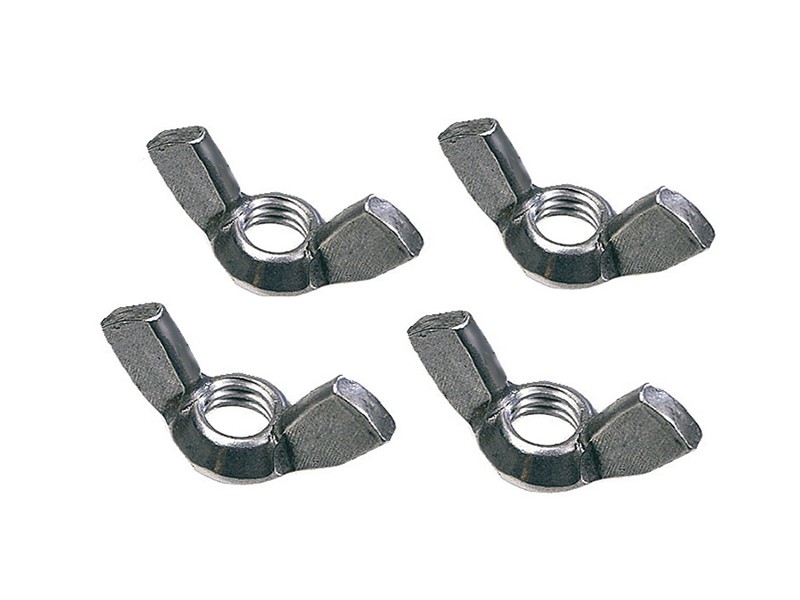 A steel wing nut with two projecting wings for hand-tightening without tools.,
