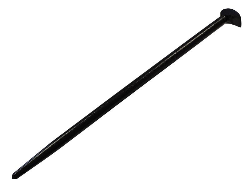 A hardened steel crowbar with a curved prying end and a pointed chisel tip, designed for levering, prying, and demolition work.