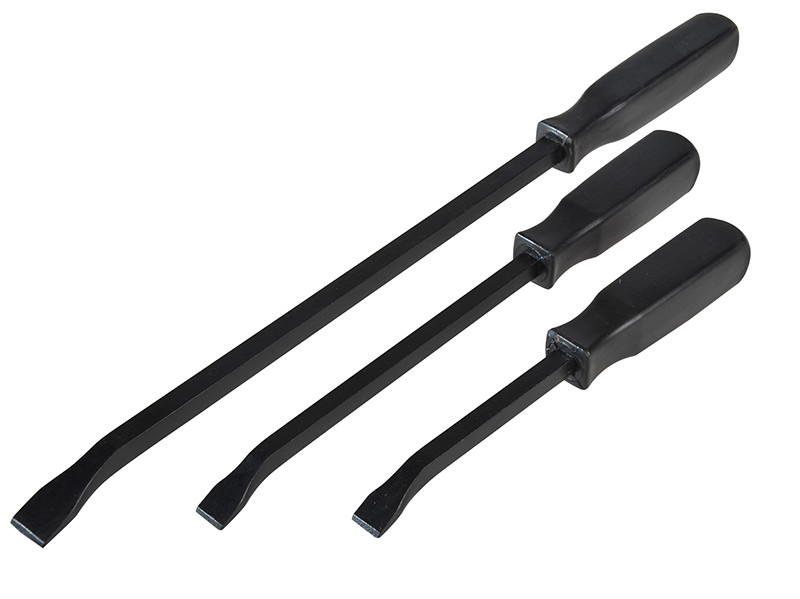 A hardened steel crowbar with a curved prying end and a pointed chisel tip, designed for levering, prying, and demolition work.