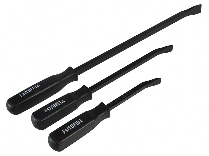 A hardened steel crowbar with a curved prying end and a pointed chisel tip, designed for levering, prying, and demolition work.