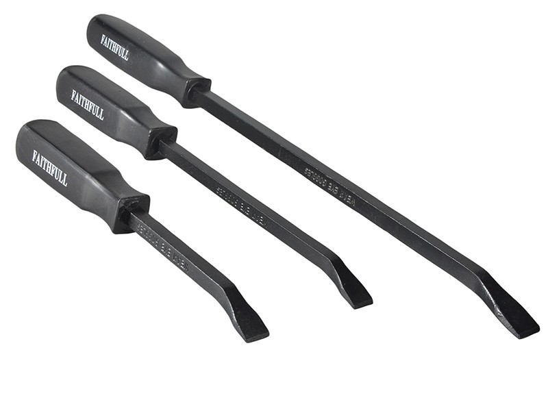 A hardened steel crowbar with a curved prying end and a pointed chisel tip, designed for levering, prying, and demolition work.