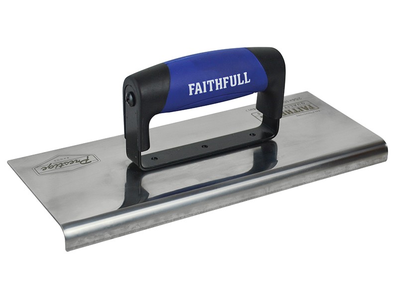 A Faithfull trowel with a polished steel blade and an ergonomic handle, for applying and finishing mortar, plaster, and adhesive.