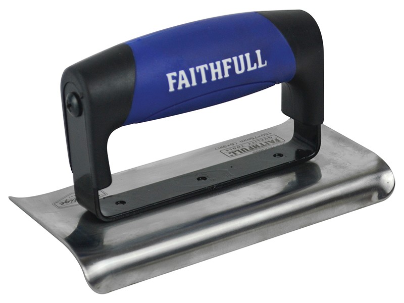 A Faithfull trowel with a polished steel blade and an ergonomic handle, for applying and finishing mortar, plaster, and adhesive.