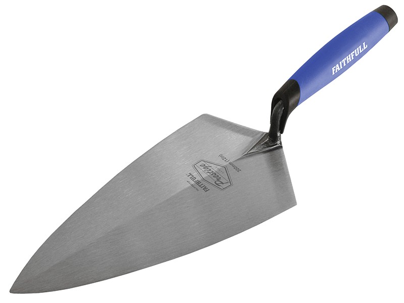 A Faithfull trowel with a polished steel blade and an ergonomic handle, for applying and finishing mortar, plaster, and adhesive.