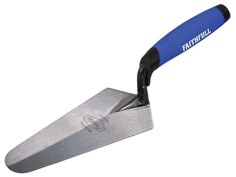 A Faithfull gauging trowel with a rounded heel steel blade, used for measuring and mixing small batches of mortar or adhesive.