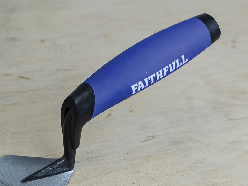 A Faithfull pointing trowel with a small triangular steel blade and a turned wooden or plastic handle, for filling and pointing mortar joints.
