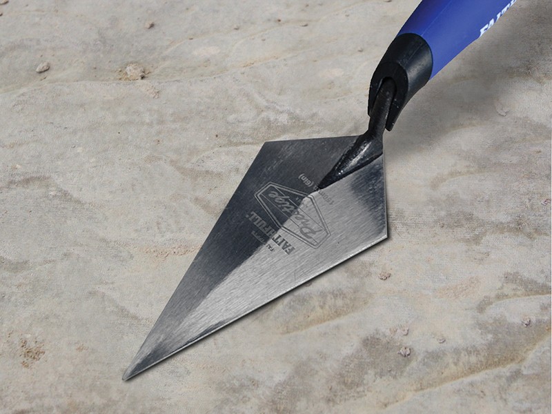 A Faithfull pointing trowel with a small triangular steel blade and a turned wooden or plastic handle, for filling and pointing mortar joints.