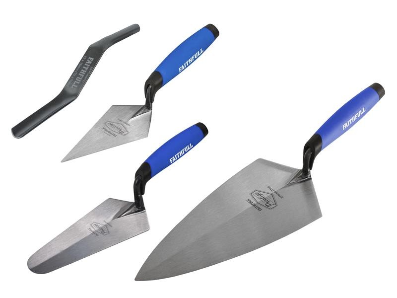 A Faithfull trowel with a polished steel blade and an ergonomic handle, for applying and finishing mortar, plaster, and adhesive.