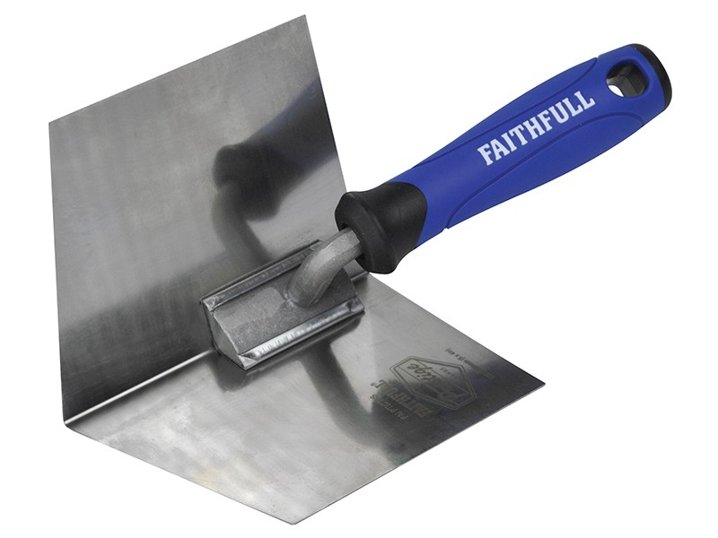 A Faithfull trowel with a polished steel blade and an ergonomic handle, for applying and finishing mortar, plaster, and adhesive.