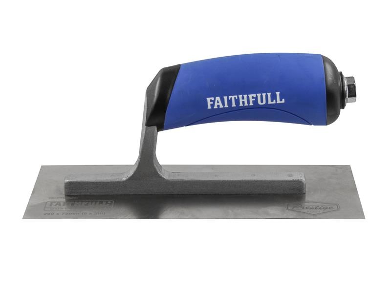 A Faithfull plasterer's finishing trowel with a thin, flexible steel blade and a turned wooden handle, for achieving smooth plaster surfaces.