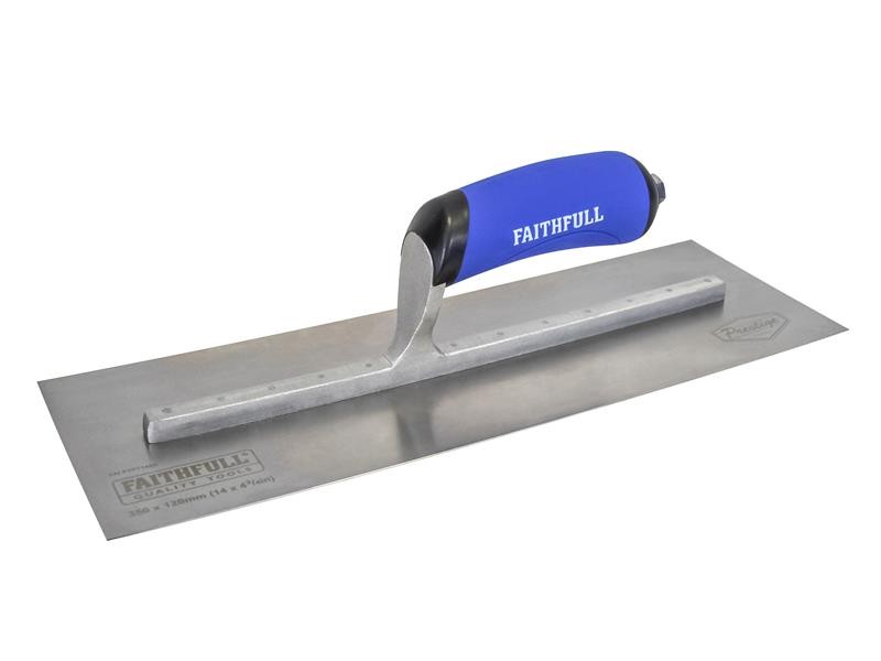 A Faithfull plasterer's finishing trowel with a thin, flexible steel blade and a turned wooden handle, for achieving smooth plaster surfaces.