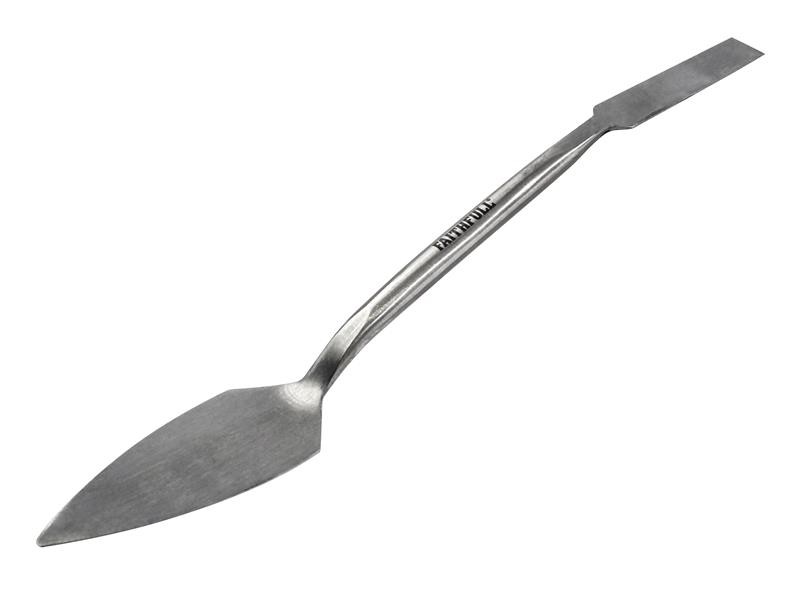A Faithfull trowel with a polished steel blade and an ergonomic handle, for applying and finishing mortar, plaster, and adhesive.