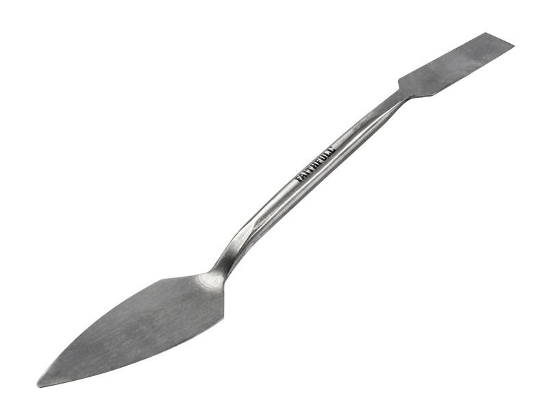 A Faithfull trowel with a polished steel blade and an ergonomic handle, for applying and finishing mortar, plaster, and adhesive.