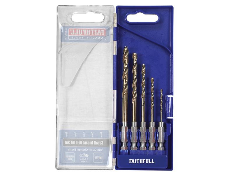 A blue plastic case labeled FAITHFULL holds five metal drill bits of varying sizes, neatly arranged, with a transparent lid displaying the brand FAITHFULL QUALITY TOOLS.