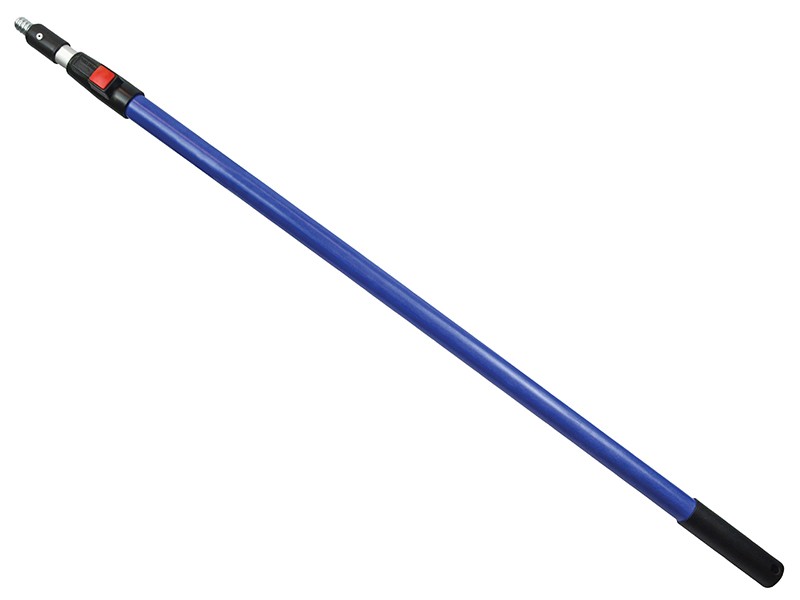 A blue telescopic extension pole with a black handle and a locking mechanism near the top, designed for attaching cleaning or painting tools.