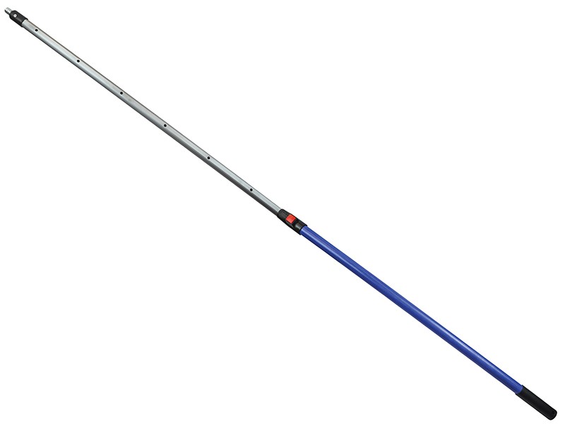 A long, extendable pole with a blue handle and a silver telescopic shaft, held together by a black locking mechanism and featuring a black rubber cap at the end.