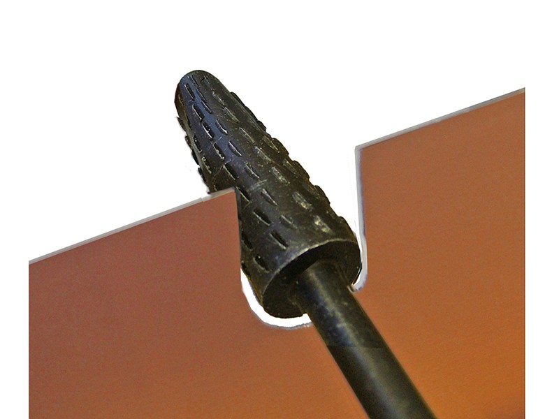 A Faithfull needle file with a hardened steel abrasive surface and a turned wooden or synthetic handle, for shaping and deburring metal.