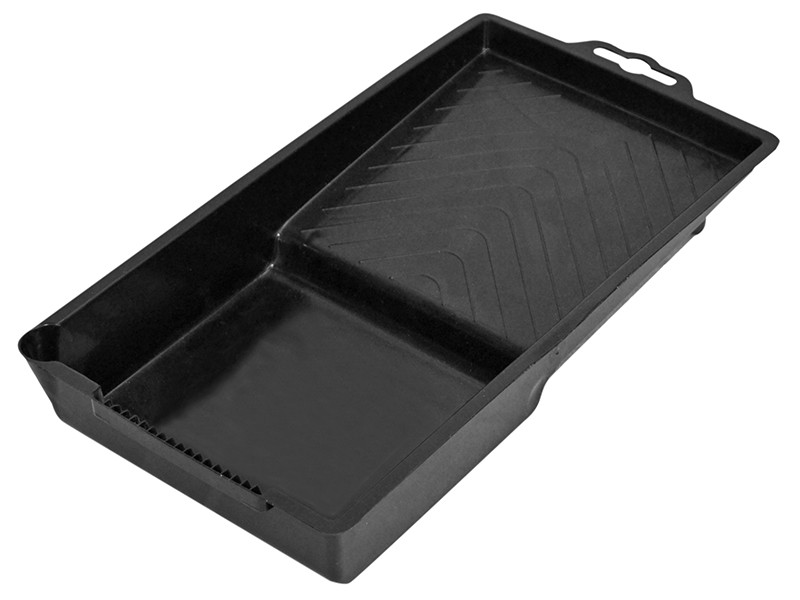 A black plastic paint tray with a textured slanted area for rolling paint rollers and a deeper well for holding paint. The tray also has a handle slot on one end for easy carrying.,
