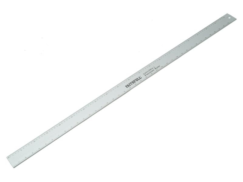 A long, silver metal ruler with measurement markings and a small hole near one end, placed diagonally on a white background.