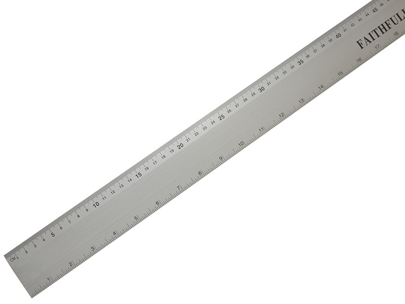 A metal ruler with both centimeter and millimeter markings, shown at an angle. The ruler is silver and partially displays the brand name FAITHFUL on the upper right corner.