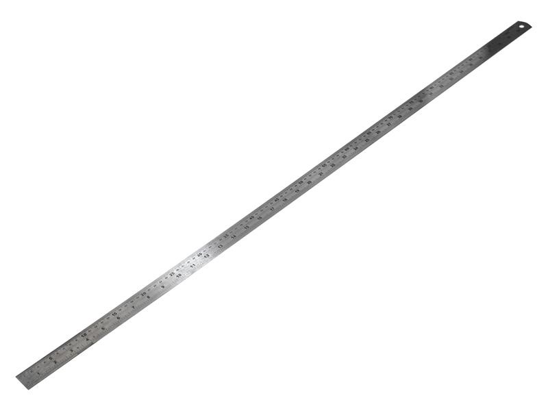 A long, metal ruler with measurement markings, shown diagonally on a white background. The ruler has a hole at one end, likely for hanging or storage.