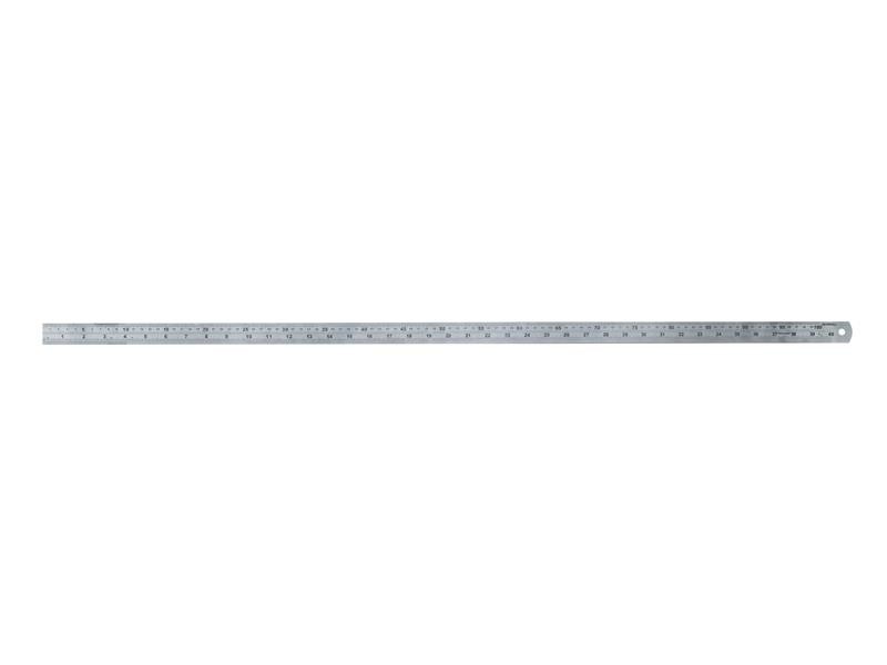 A long, silver metal ruler with measurement markings in centimeters and millimeters, shown on a white background.