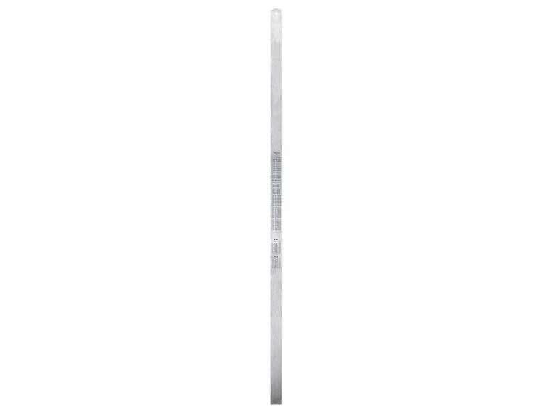A single long, narrow metal bar with a hole at one end, isolated on a white background. The bar has engraved markings and numbers along its length, resembling a measuring or leveling tool.