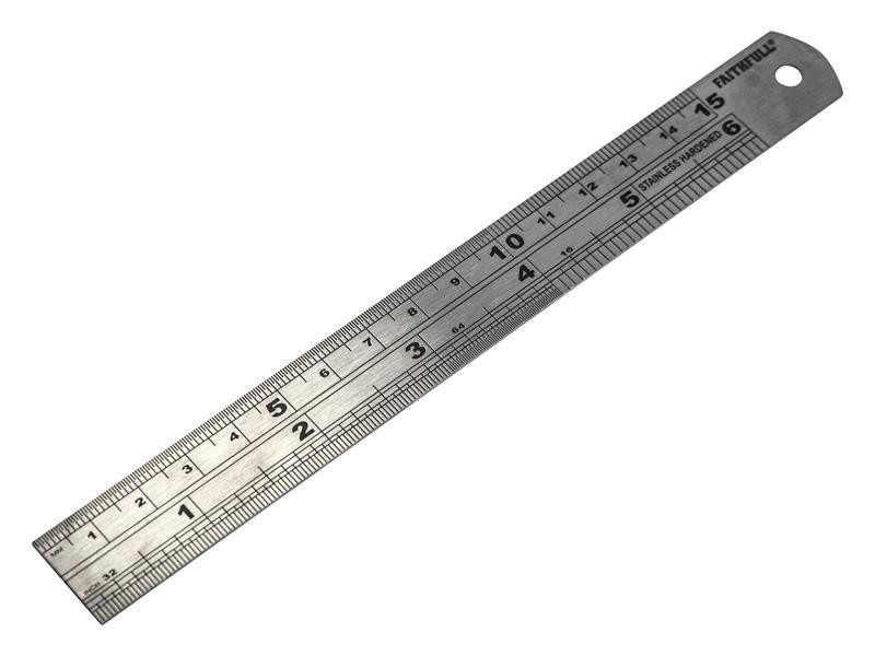 A Faithfull stainless steel rule with etched metric and imperial graduations, for precise measurement in workshops and on site.