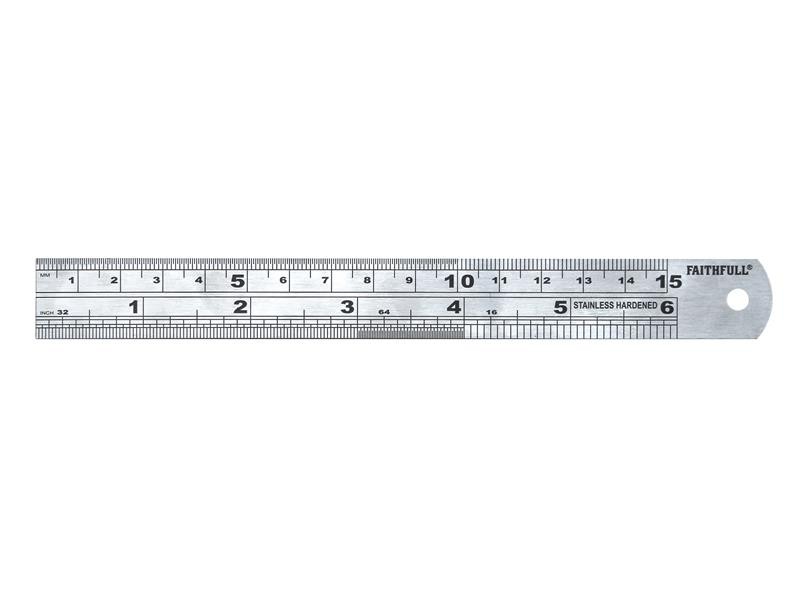 A Faithfull stainless steel rule with etched metric and imperial graduations, for precise measurement in workshops and on site.