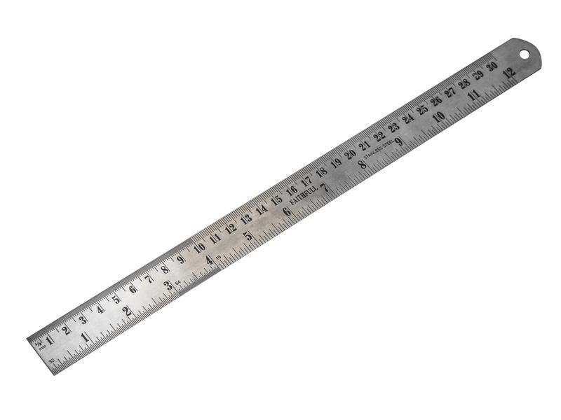 A Faithfull stainless steel rule with etched metric and imperial graduations, for precise measurement in workshops and on site.
