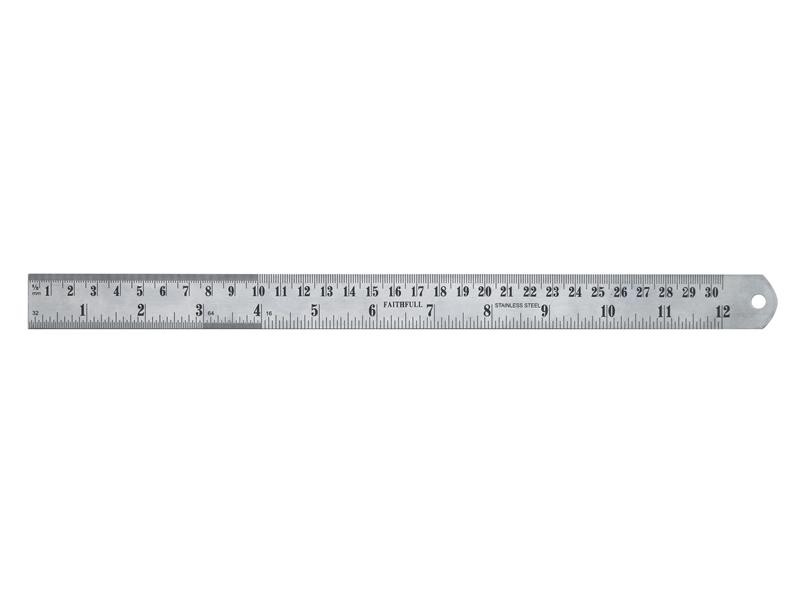 A Faithfull stainless steel rule with etched metric and imperial graduations, for precise measurement in workshops and on site.