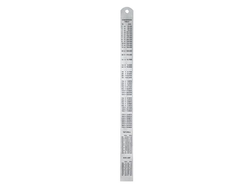 A Faithfull stainless steel rule with etched metric and imperial graduations, for precise measurement in workshops and on site.