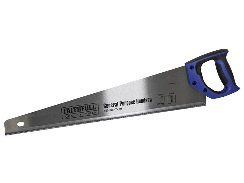 A saw with a hardened blade and a comfortable handle, for cutting timber, metal, or masonry.