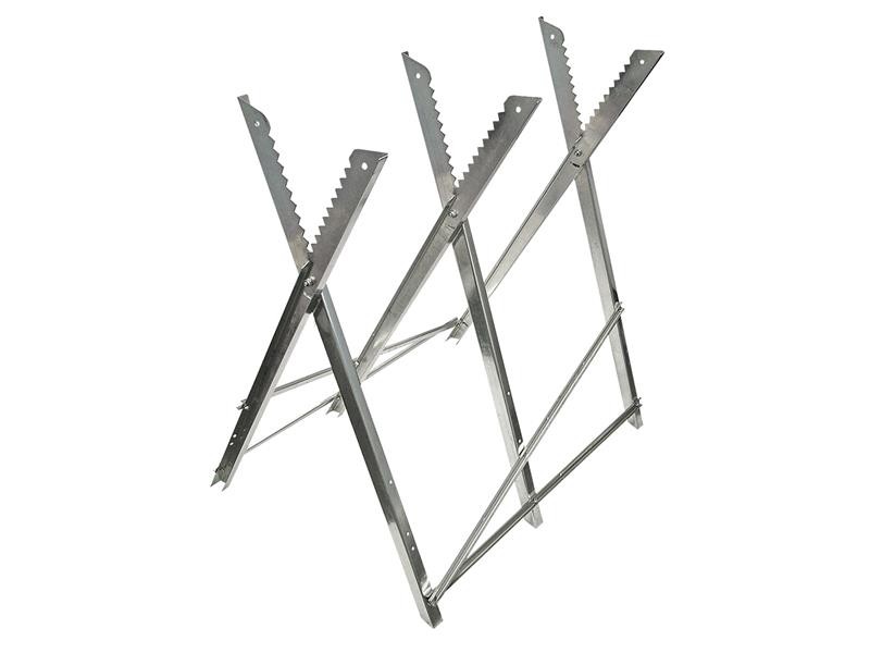 A metal saw horse or log saw horse with a folding frame and serrated notches on top, designed to hold logs or wood securely for cutting. The structure is silver and has two sets of crossed metal legs.