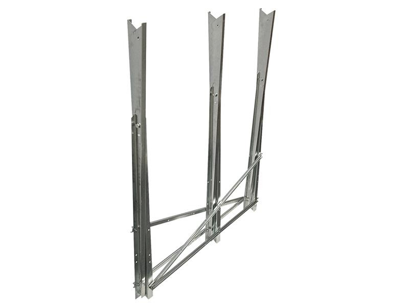 Three vertical metal wall braces connected by angled crossbars, forming a structural support frame. The frame appears to be made of galvanized steel and is designed for stability in construction applications.