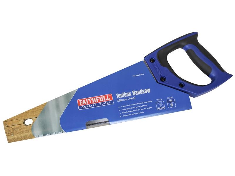 A saw with a hardened blade and a comfortable handle, for cutting timber, metal, or masonry.