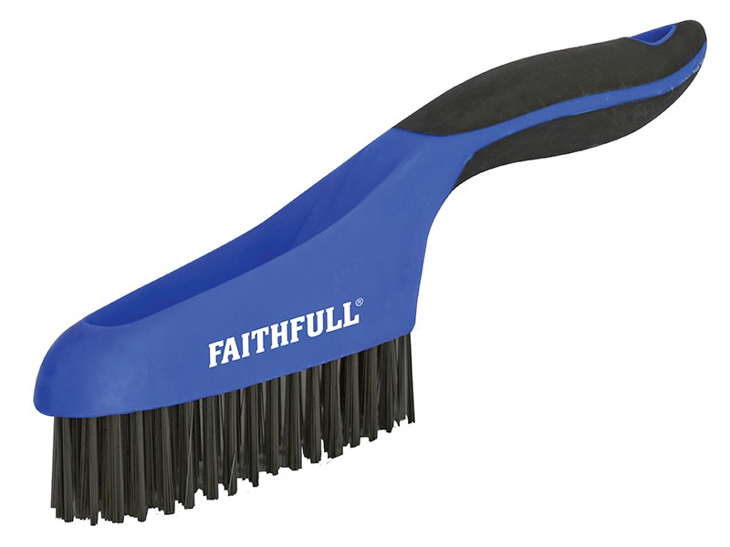 A wire brush with steel or brass bristle rows in a wooden or plastic handle, for removing rust, scale, and surface contaminants from metal.