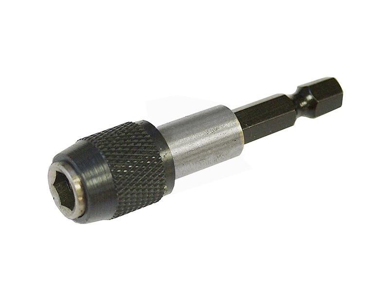 A close-up of a metal drill bit holder with a knurled grip, hexagonal shank, and a cylindrical body, used for securing drill or screwdriver bits in a power tool.