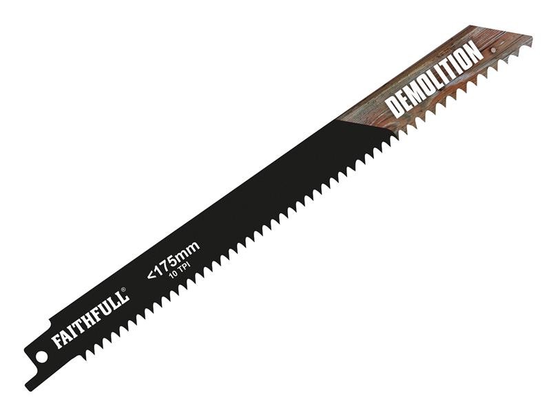 A reciprocating saw blade with a universal tang fitting and bi-metal teeth, for demolition cutting through timber, nails, and pipe.