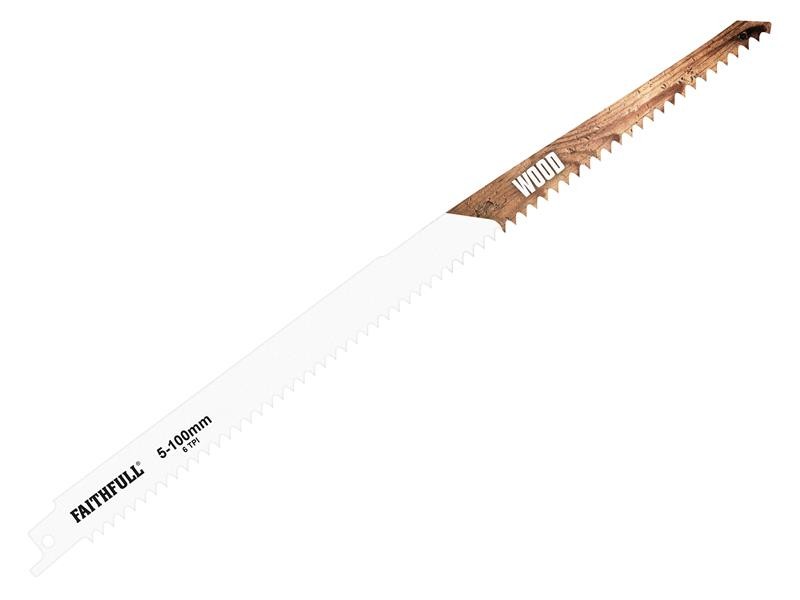 A reciprocating saw blade with a universal tang fitting and bi-metal teeth, for demolition cutting through timber, nails, and pipe.
