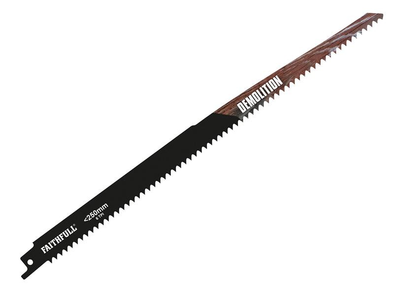 A reciprocating saw blade with a universal tang fitting and bi-metal teeth, for demolition cutting through timber, nails, and pipe.