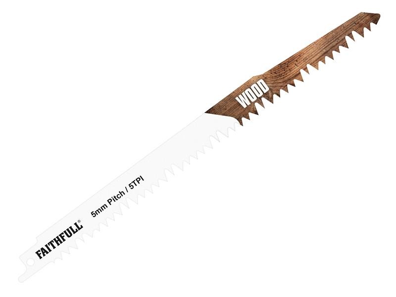 A reciprocating saw blade with a universal tang fitting and bi-metal teeth, for demolition cutting through timber, nails, and pipe.
