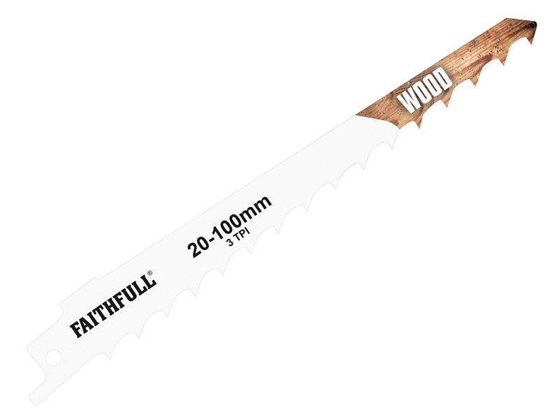 A reciprocating saw blade with a universal tang fitting and bi-metal teeth, for demolition cutting through timber, nails, and pipe.