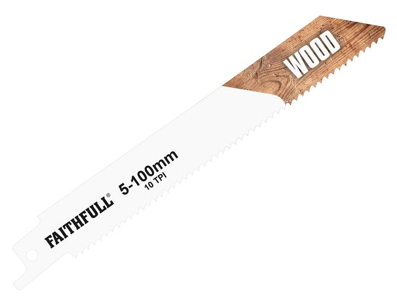 A reciprocating saw blade with a universal tang fitting and bi-metal teeth, for demolition cutting through timber, nails, and pipe.