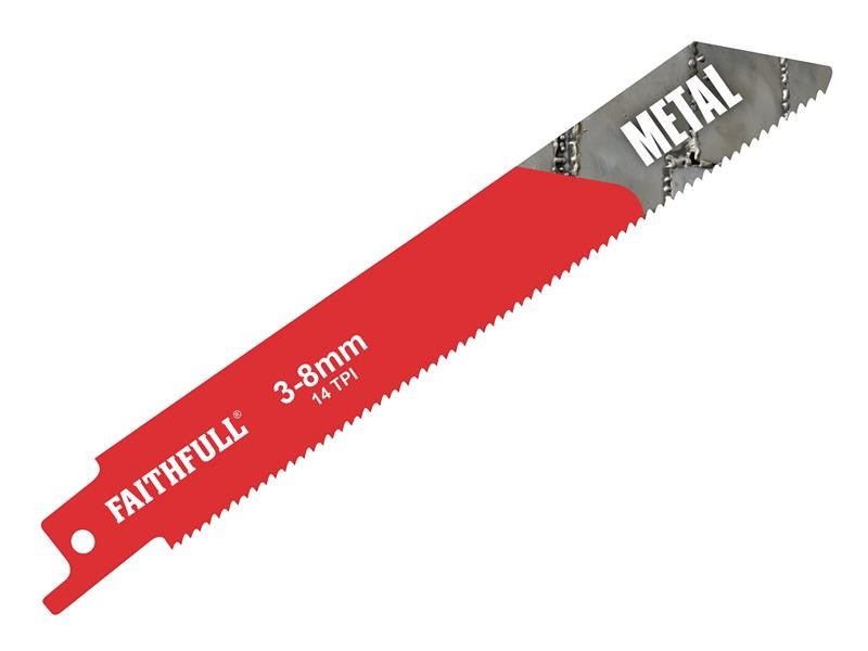 A reciprocating saw blade with a universal tang fitting and bi-metal teeth, for demolition cutting through timber, nails, and pipe.