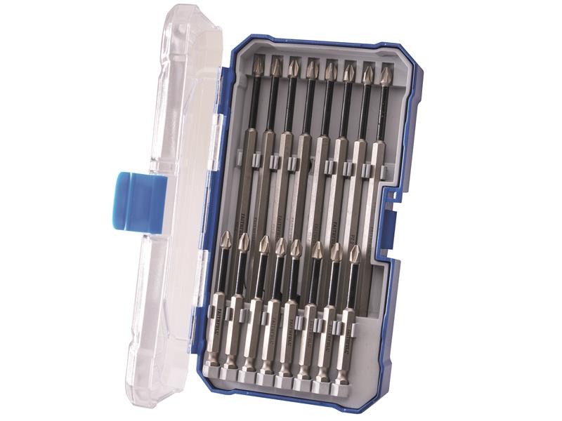 A set of 16 Faithfull screwdrivers with colour-coded handles covering a range of flathead and Phillips sizes.,